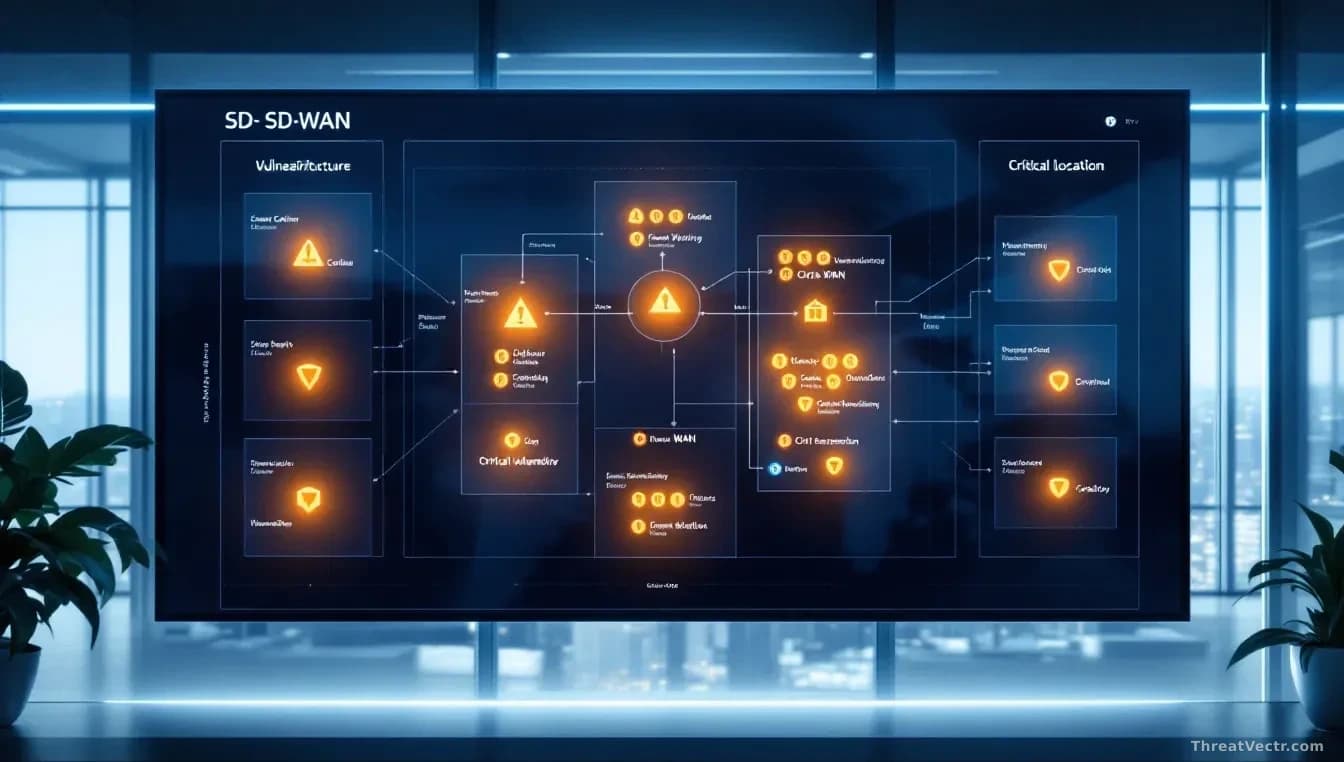 A network operations center displaying SD-WAN infrastructure diagrams with twelve vulnerability indicators highlighted across the topology, three of them marked