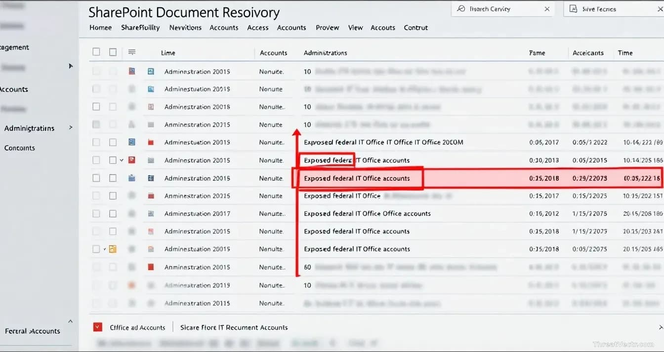 A SharePoint document repository interface with administrative access logs displayed, showing unauthorized account entries and the scope of exposed federal IT o