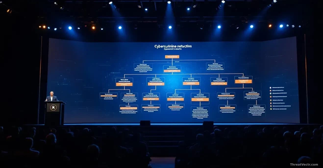 A conference hall stage at a cybersecurity event with a speaker at a podium addressing an audience, with a visual diagram behind them showing the franchise-like