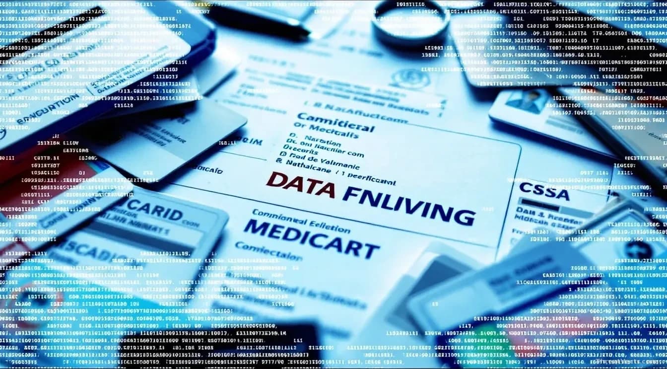 Medical documents and identification cards scattered across a desk with digital pixelation effects obscuring sensitive information, representing the stolen pers