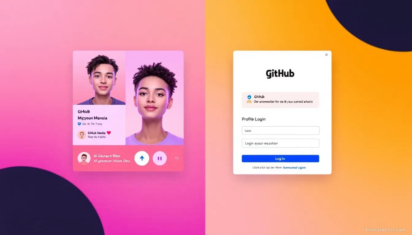 A split-screen showing fake social media profiles on one side and a GitHub repository login screen on the other, with AI-generated facial images in profile pict