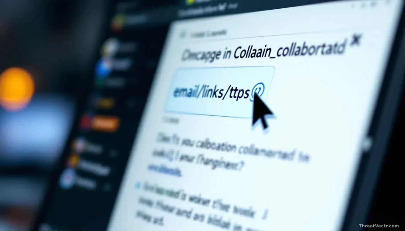 A computer mouse pointer hovering over a link in an email interface, with office collaboration tool icons visible on the background desktop