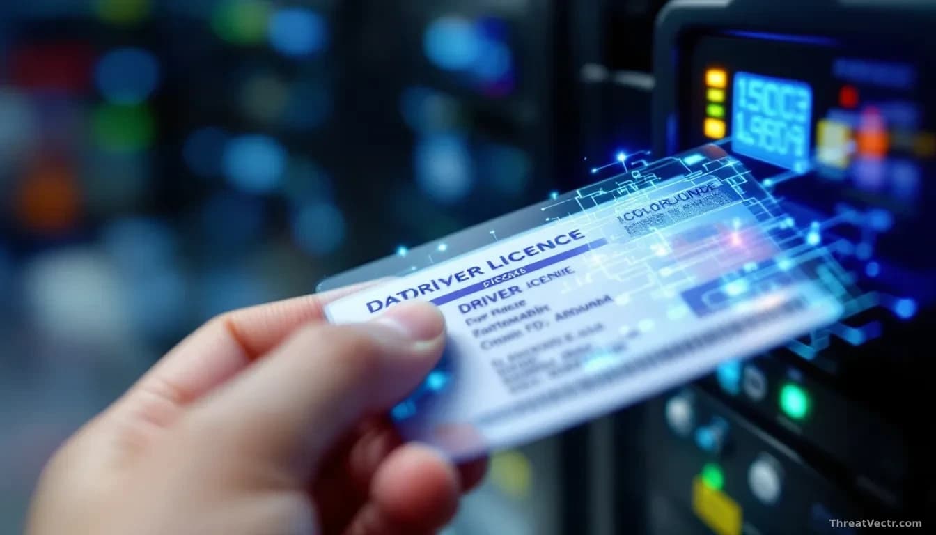 A close-up of a driver's license being scanned into a database system, with blue digital light reflecting across the card's surface and blurred server racks in 