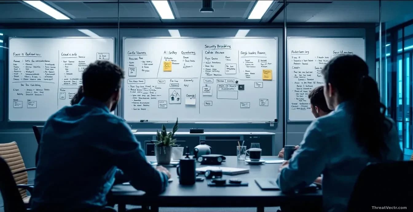 An OpenAI research office with whiteboards covered in AI safety guardrails and code review notes, a team meeting in progress where a security briefing is being 