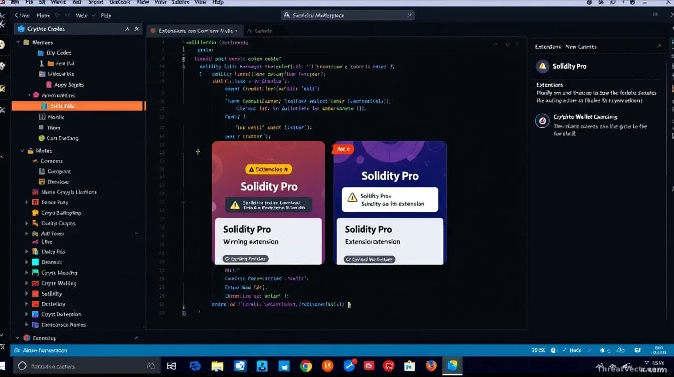 A developer's workstation showing VS Code with the Extensions marketplace open, two nearly identical 'Solidity Pro' extension tiles displayed side-by-side, one 