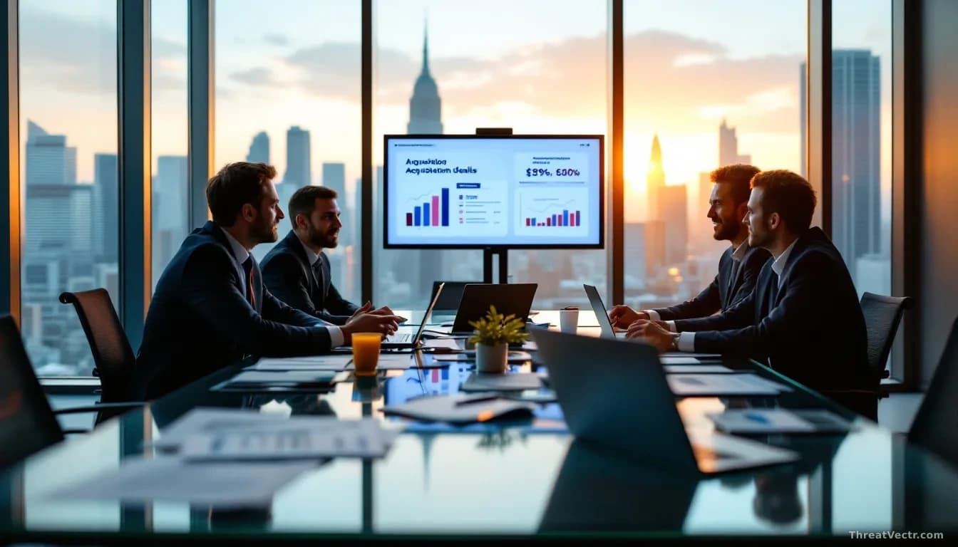 A venture capital conference room with venture capitalists and cybersecurity executives in conversation, large windows overlooking a city skyline, laptops and f