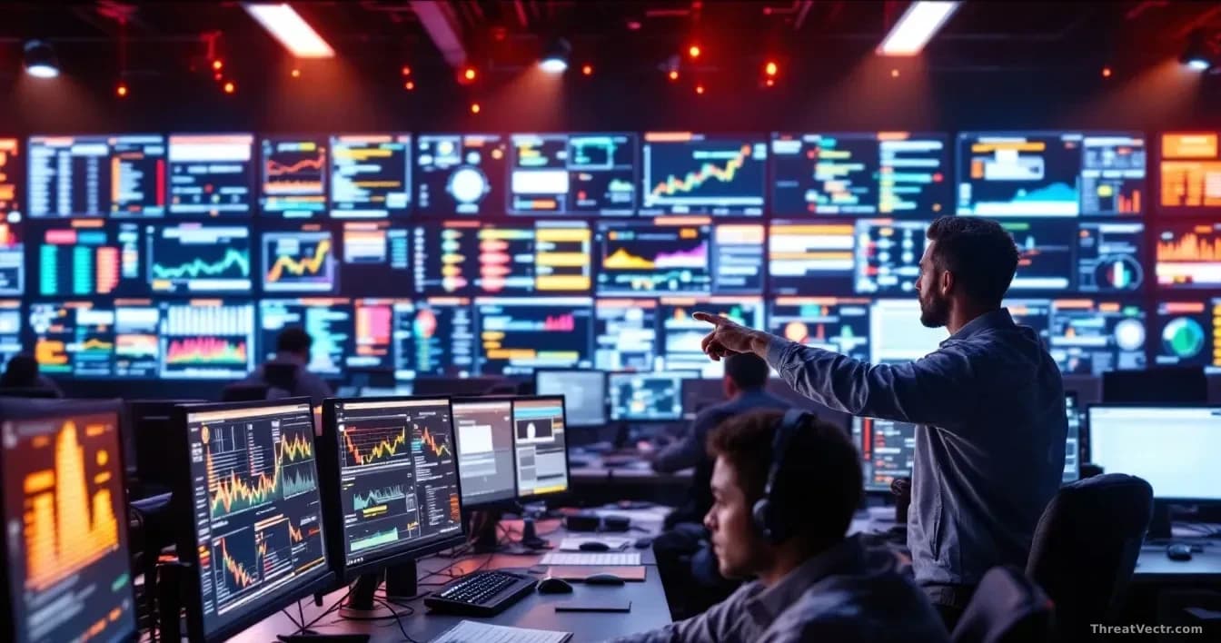A security operations center where analysts are tracking millions of spoofed login attempts on large dashboard displays, threat intelligence feeds scrolling acr