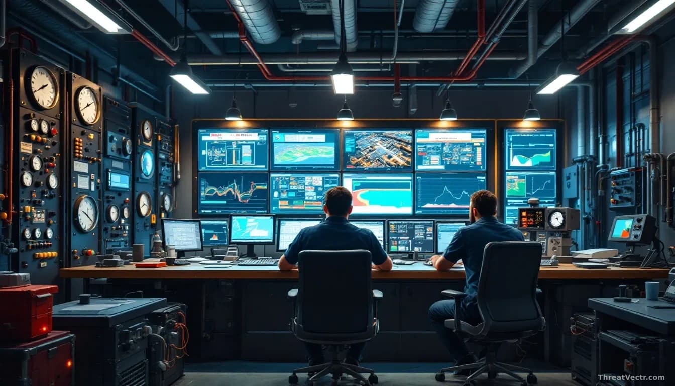 A district heating plant's control room with large industrial gauges showing pressure and temperature readings, technicians monitoring SCADA screens showing the