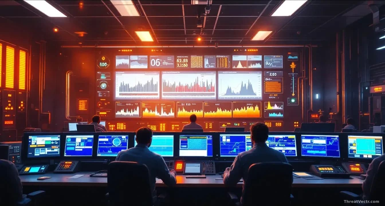 A water treatment facility control room with multiple screens displaying flow rates and chemical composition monitoring, operators in the foreground working at 