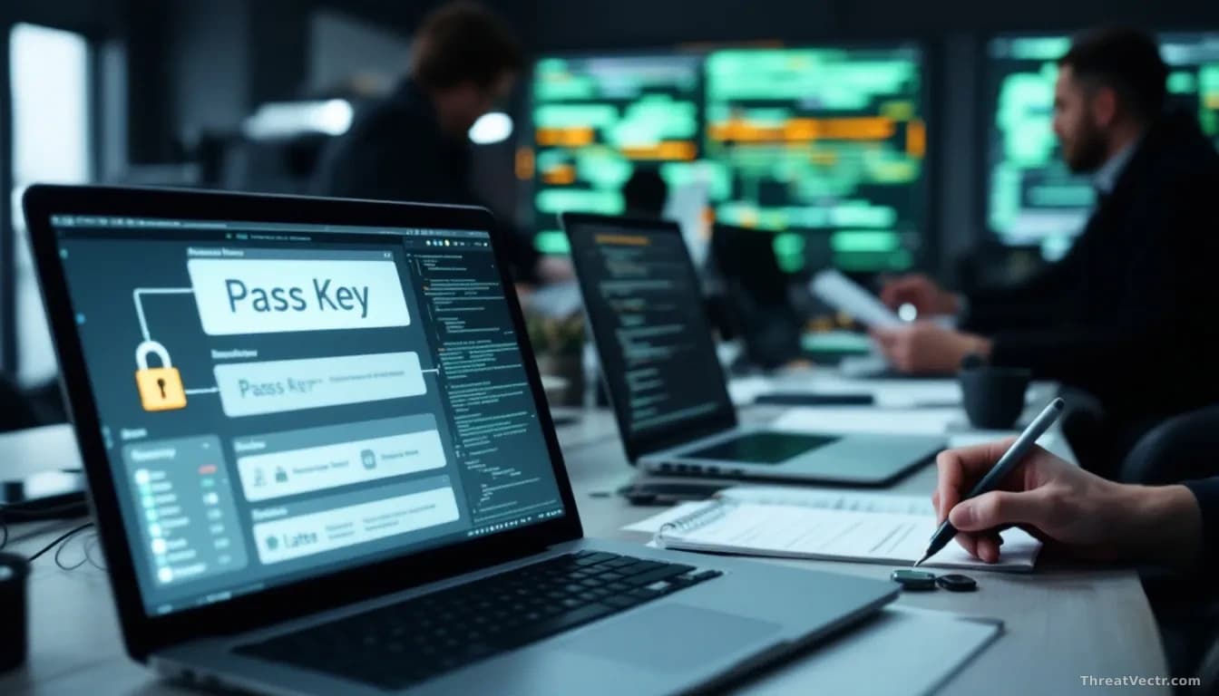 A security research lab where laptops are positioned showing passkey authentication flows on their screens, with physical security keys scattered on the desk, r