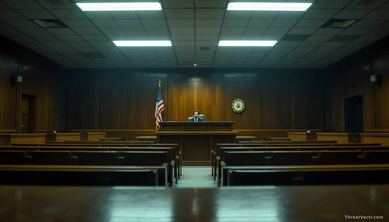 An empty juvenile courtroom with the judge's bench in sharp focus and rows of empty gallery seating, a single case file on the clerk's desk, harsh fluorescent o
