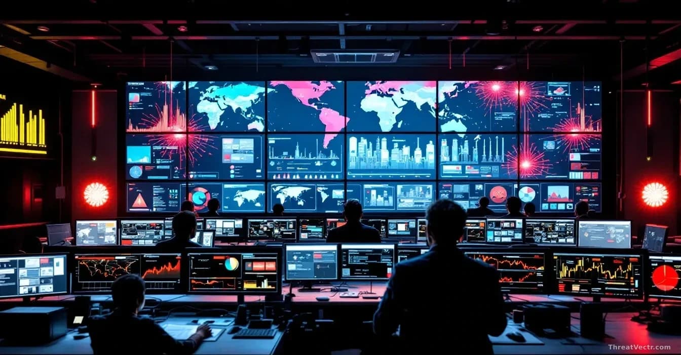 A network operations center with rows of monitors displaying threat alerts and geographic heat maps, red indicators pulsing across continents as analysts in the