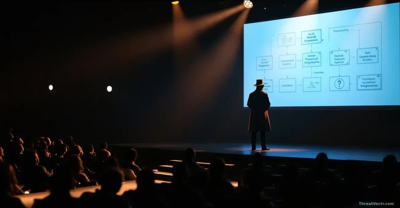 A conference stage bathed in spotlight, where a presenter in Victorian-era deerstalker hat and coat stands before a projection screen filled with social enginee