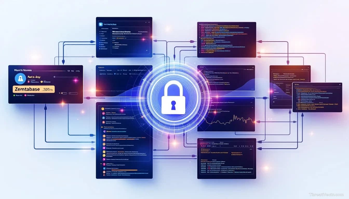 A weekly security briefing visualization showing multiple simultaneous threats: Metabase interface with zero-day warning, plugin ecosystem with poison indicator