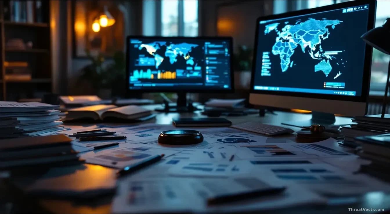 A policy research office with international cybersecurity law documents spread across a desk, a world map with legal status indicators for different countries, 