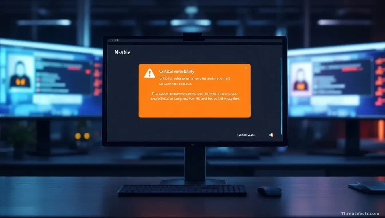 A network administrator's station showing N-able remote management tool interface with a critical vulnerability notification banner, ransomware encryption progr