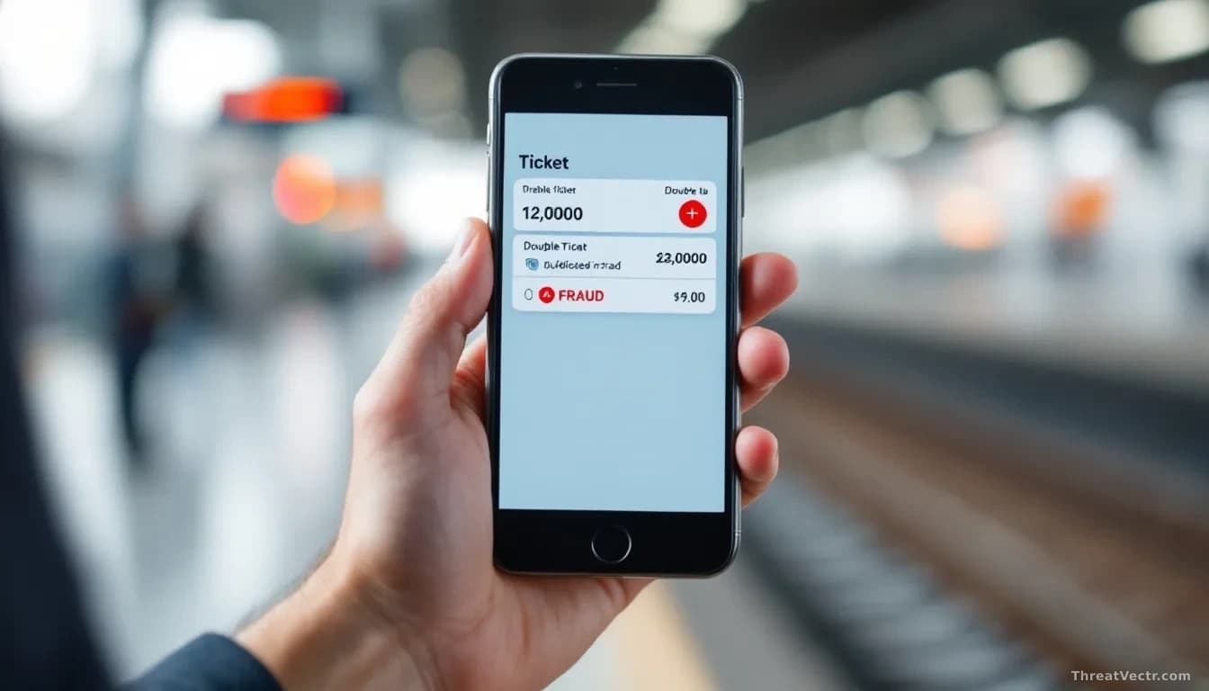 A smartphone displaying a digital train ticket with a double-tap gesture mid-animation, the ticket interface showing duplication or fraud indicators, rail stati