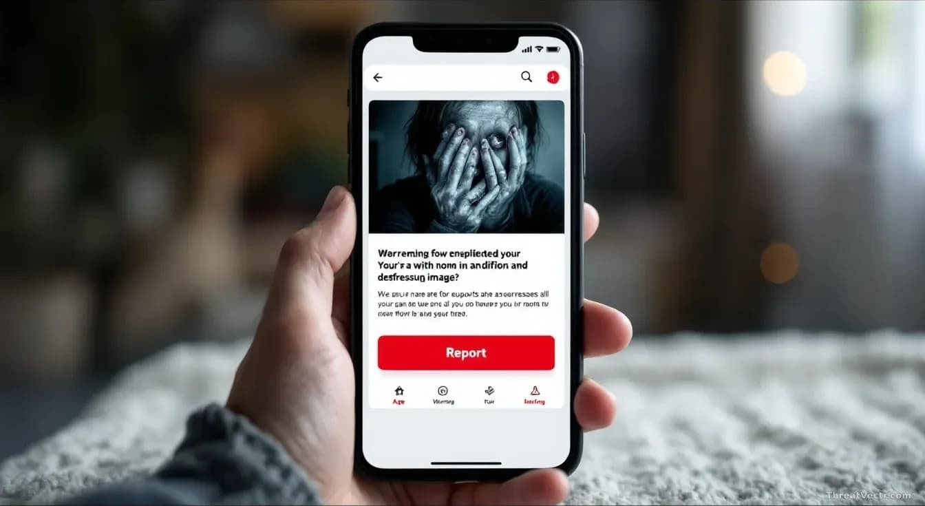 A smartphone screen displaying a distressing image notification with a 'report' button prominent, additional context showing age-appropriate warning indicators,