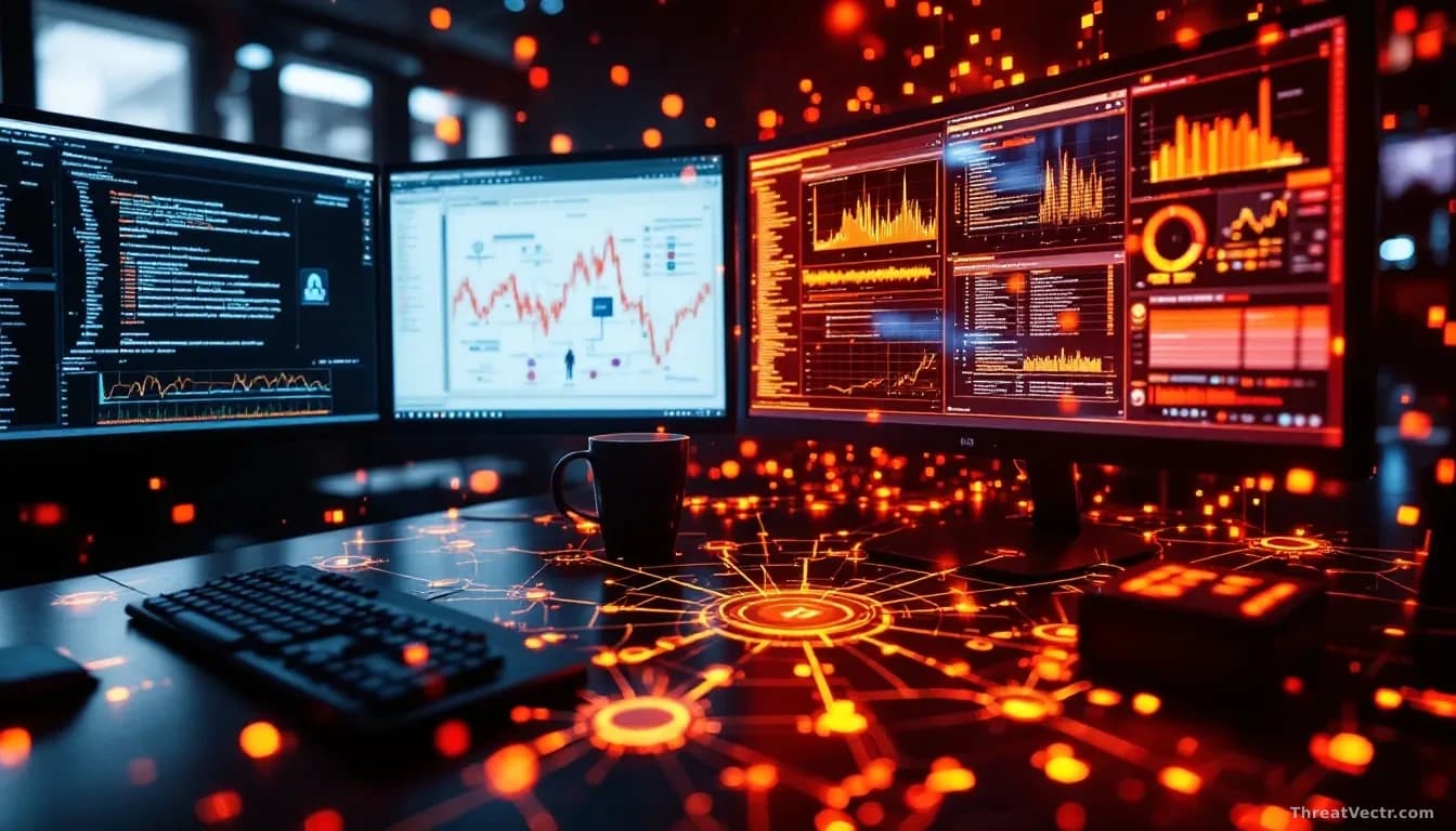 A security researcher's workstation with HTTP traffic analysis tools running on multiple screens, vulnerability detection heat maps displayed in reds and orange