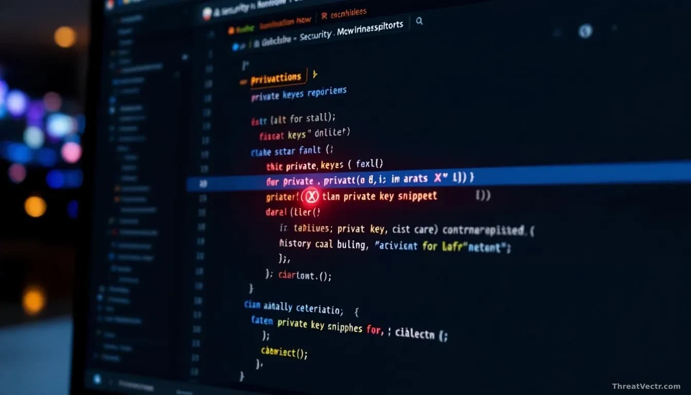 A GitHub repository page displayed on a monitor, a private key snippet visible in code history with a glowing red circle and X overlay, security warning banners