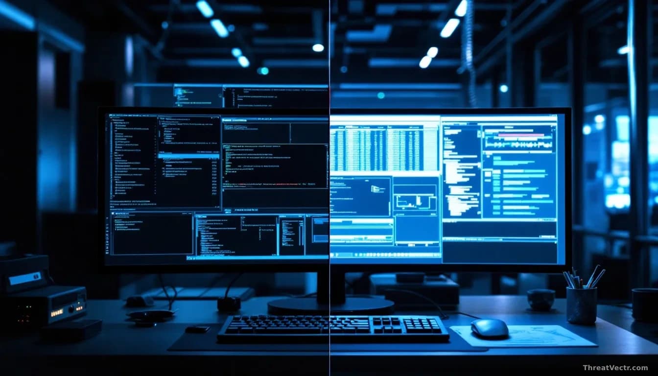 A split-screen composition: one side showing early 2000s computer setup with command-line interface, the other showing modern cybersecurity operations center, r