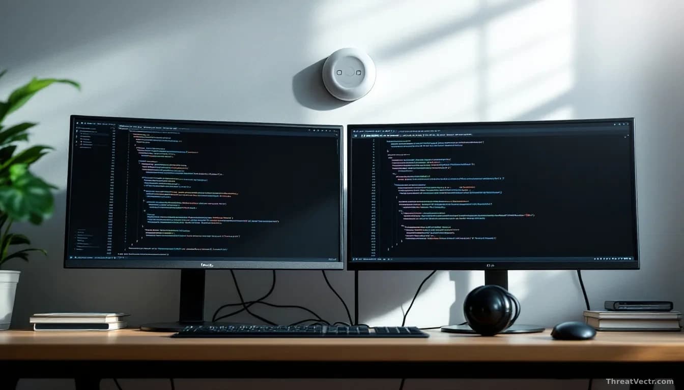 A developer's desk with dual monitors displaying lines of code and git commit logs, a physical smoke detector mounted on the wall above in soft focus, morning l