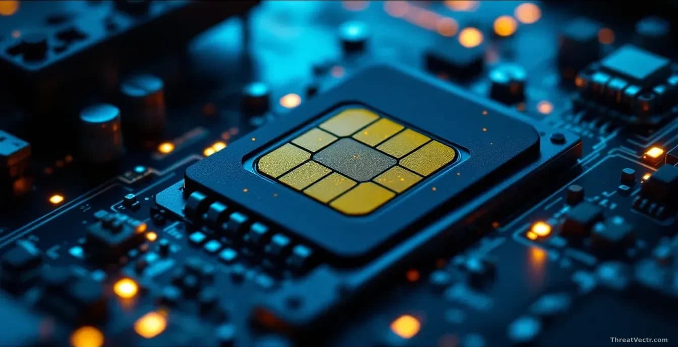 Close-up of a SIM card positioned inside EV charger or industrial equipment cellular module, with malicious code visualization showing how the compromised SIM e