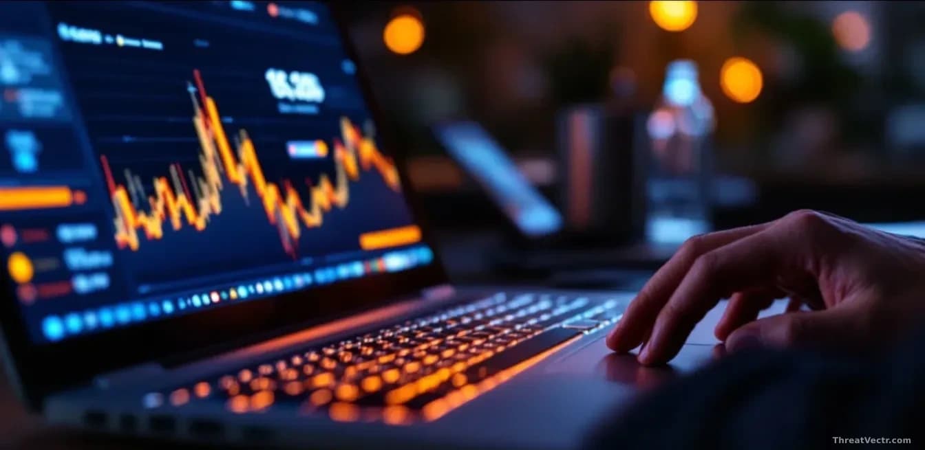 A laptop keyboard being used by a hidden operator with keystroke logging indicators visible, cryptocurrency company branding in background, and North Korean con
