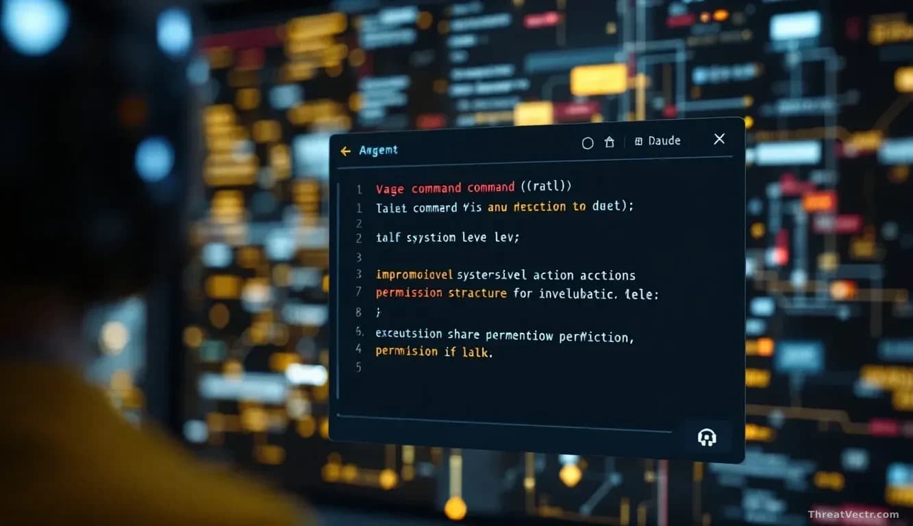 An AI agent interface window showing a vague command being interpreted with improvised system-level actions executing, permission structure breakdown visualized