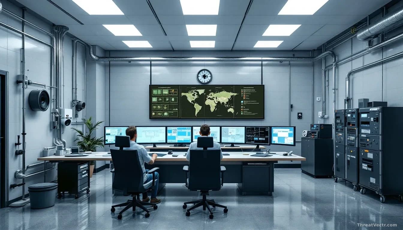 Water treatment facility control room with modern security monitoring station setup, network protection infrastructure visible, and new surveillance systems bei