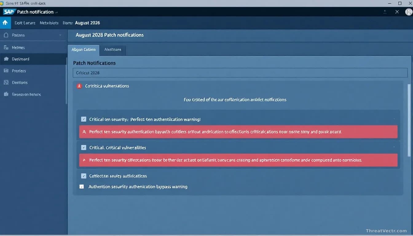 SAP software dashboard displaying August 2026 patch notifications with four critical vulnerabilities highlighted in red, perfect-ten severity authentication byp