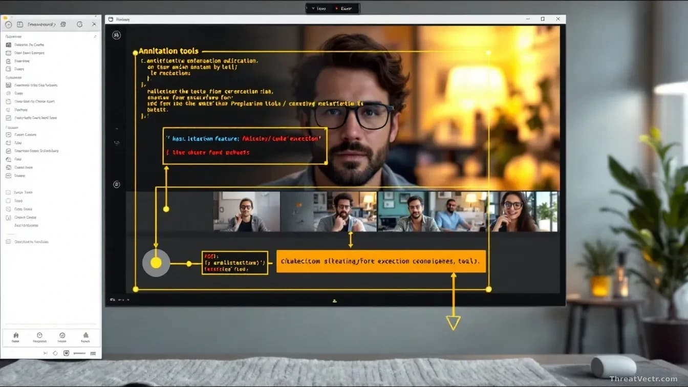 A video conferencing window with annotation tools highlighted as the attack vector, malicious code execution path visible flowing from the annotation feature to