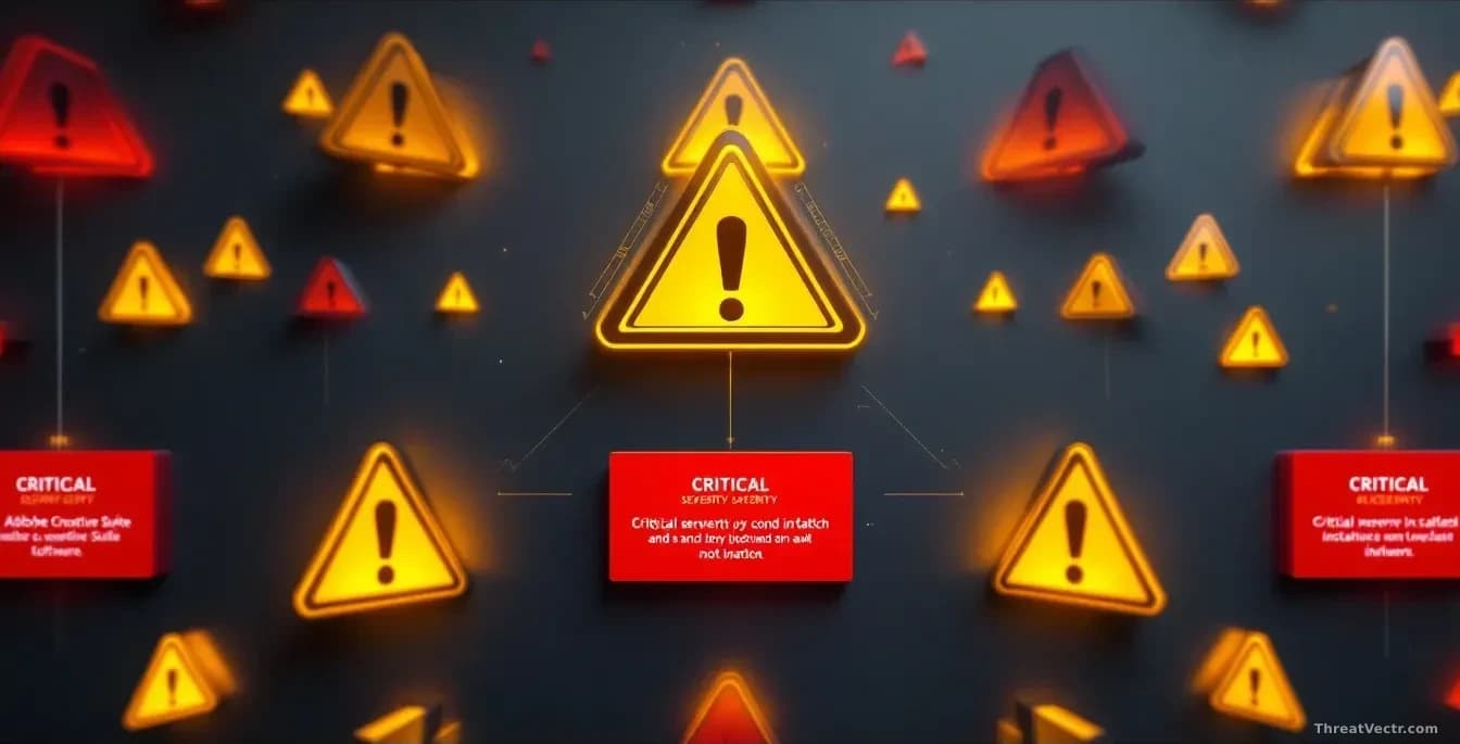 Adobe Creative Suite and business software icons surrounded by critical severity warning symbols and red alert notifications, with patch installation prompts di