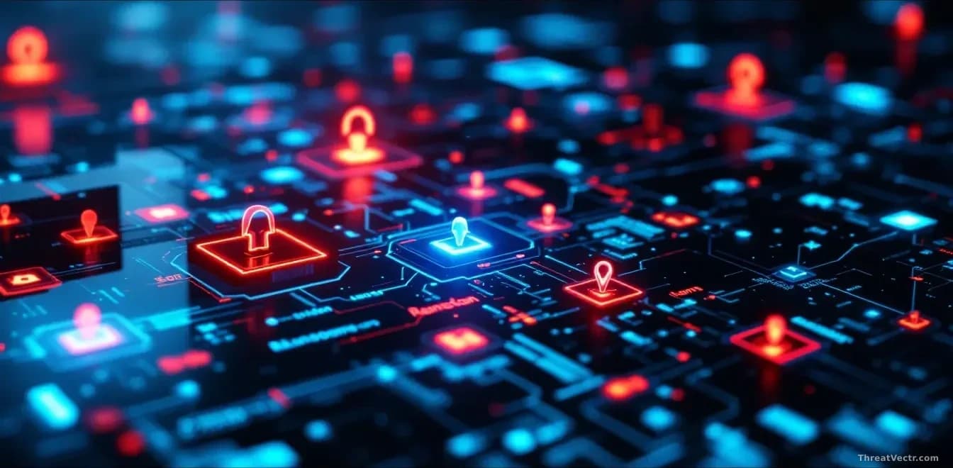 Blockchain network visualization with ransomware extortion demands embedded as smart contracts, Session chat integration visible, and distributed network nodes 
