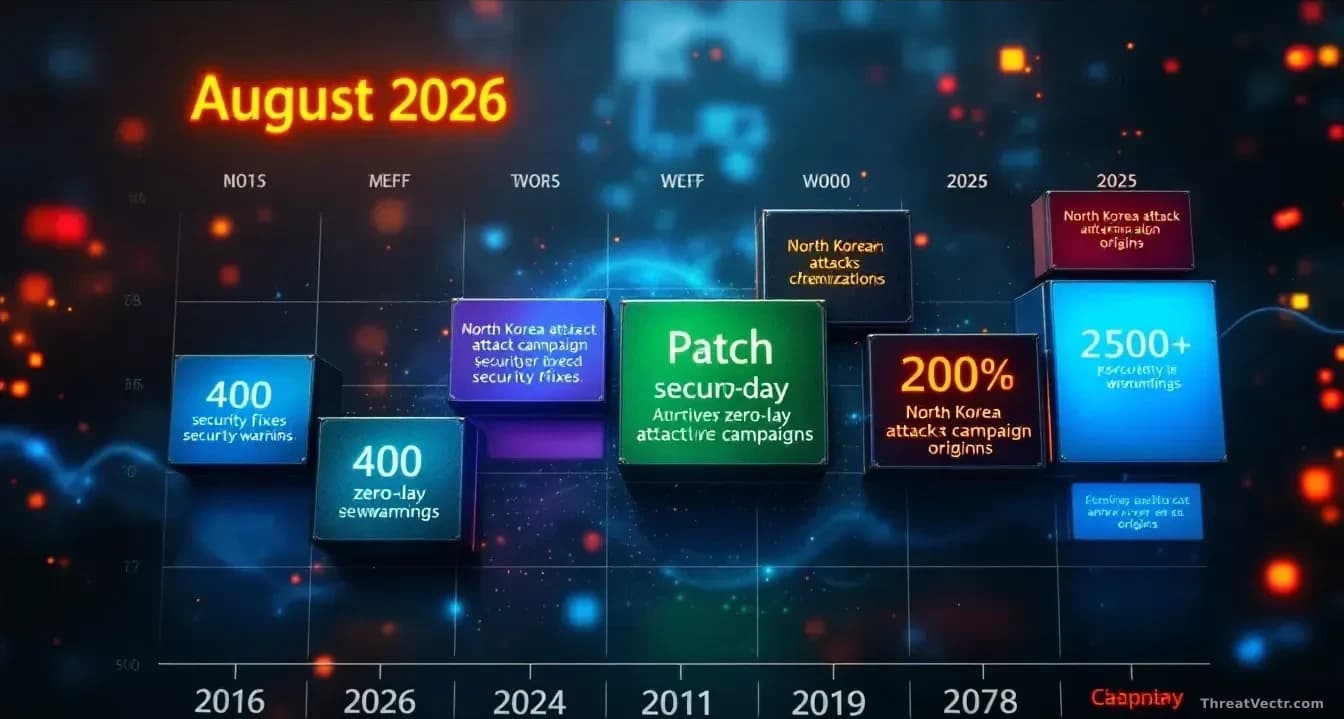 A calendar or timeline showing August 2026 Patch Tuesday with 400 security fixes represented as blocks, three glowing zero-day warnings prominently featured, an