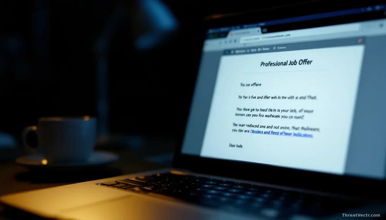 A laptop screen showing a professional job offer email with subtle malware indicators hidden in the interface, dimly lit against a shadowy background suggesting
