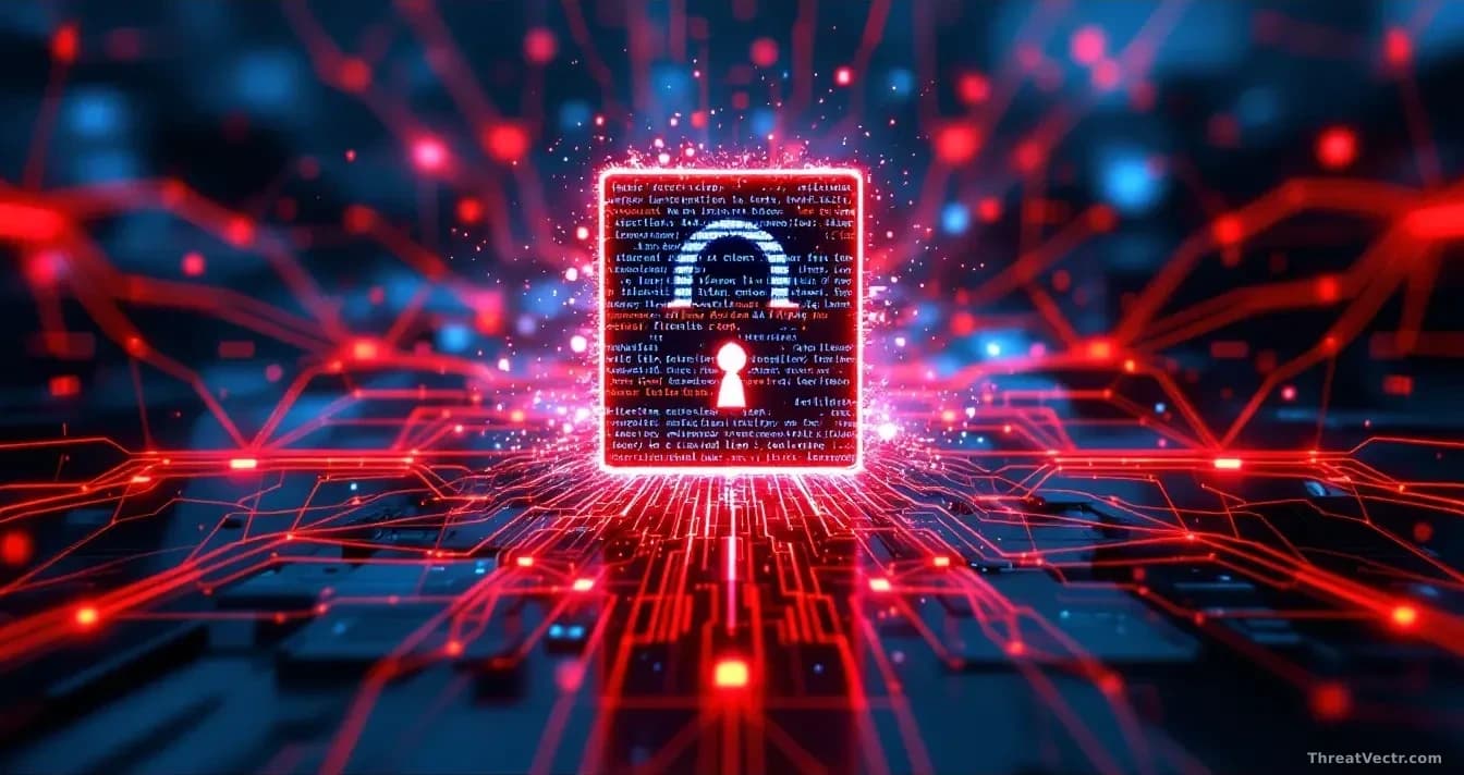 A firewall interface frozen mid-crash with error messages, surrounded by incoming attack vectors represented as red network pathways converging on the device