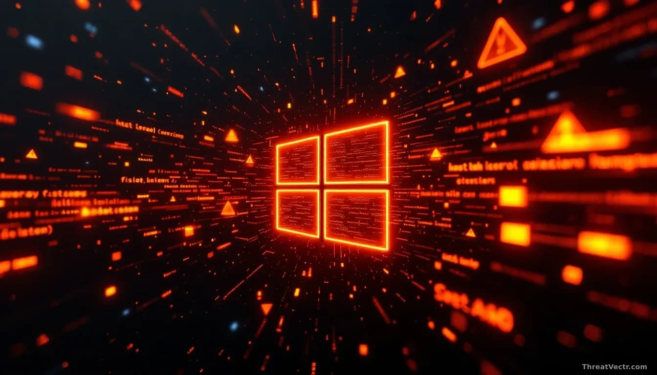 A Windows logo surrounded by cascading code fragments and system error warnings, with orange alert highlights spreading across the composition against a deep bl