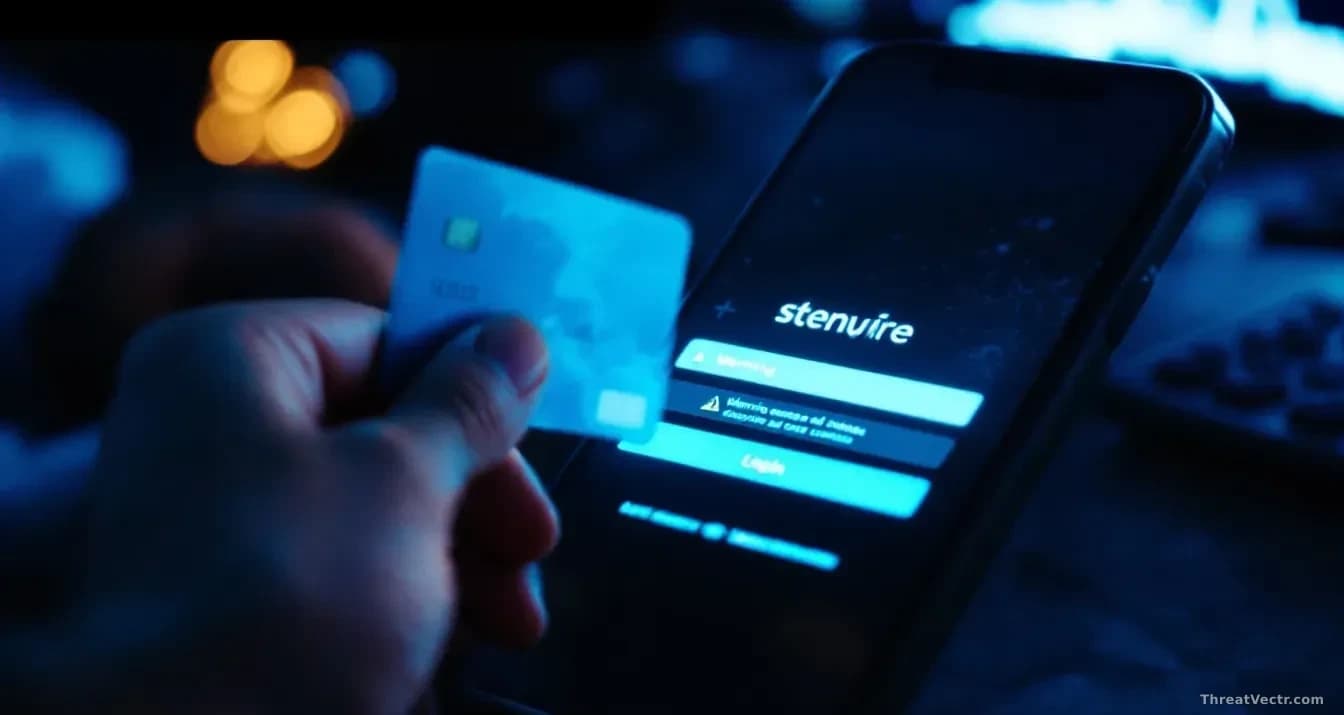 Close-up of a credit card being held over a glowing smartphone screen displaying a streaming service login page, with warning indicators and suspicious ad banne