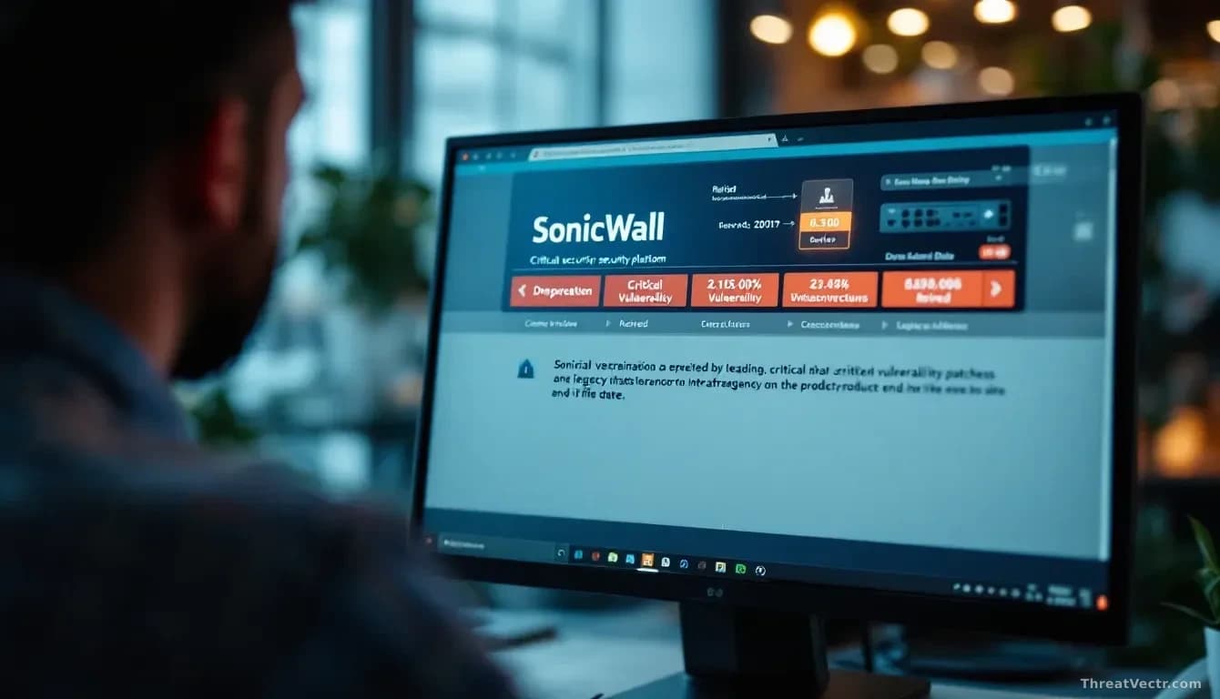 A SonicWall security platform interface on a monitor marked as deprecated or retired, with critical vulnerability patches being applied to legacy infrastructure