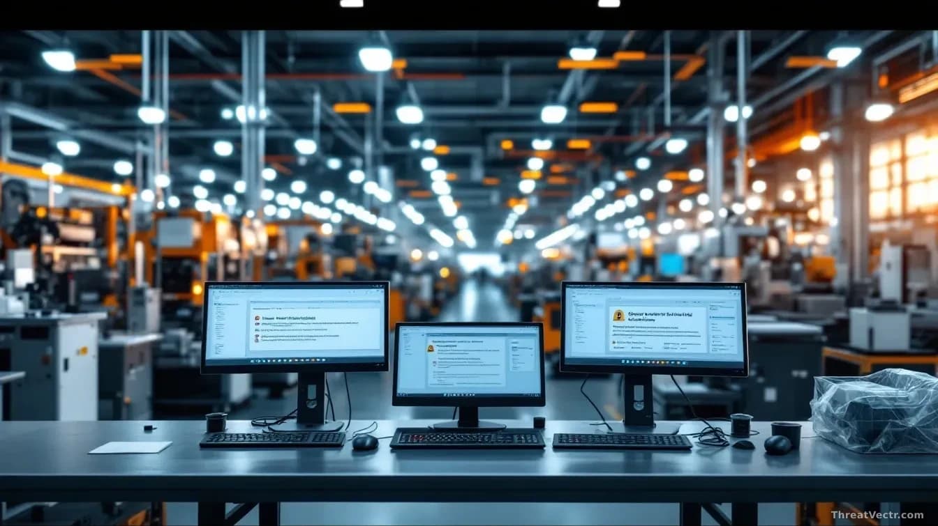 An industrial factory floor with manufacturing equipment and control systems visible, computer workstations running factory management software in the foregroun
