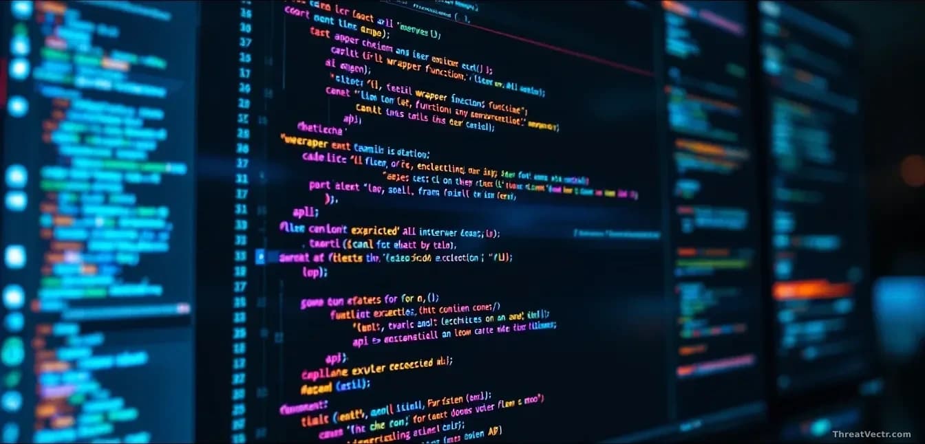 A developer's IDE showing AI agent integration code, with researchers examining the wrapper functions and API connections, code highlighting revealing exploitab