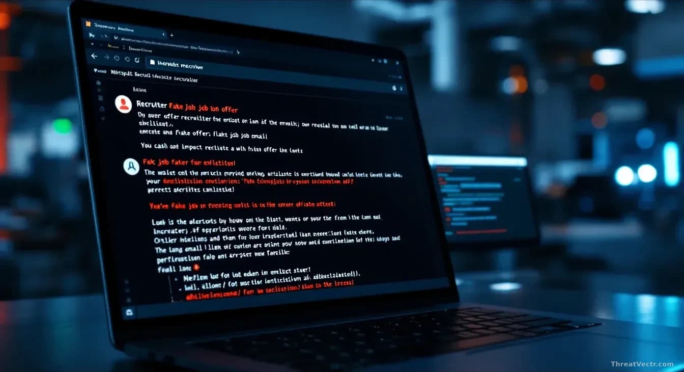 A recruiter's email inbox displayed on screen with fake job offer messages crafted with professional design, alongside Windows system dialogs showing exploitati