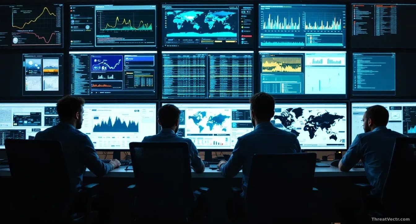 A security operations center with security analysts working at workstations surrounded by multiple screens showing AI analytics tools, some dashboards appear un
