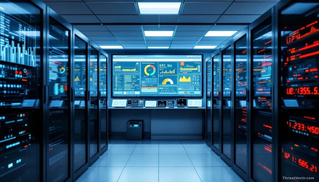 A server room with equipment racks, multiple screens displaying vulnerability scans and patch status dashboards, calendar or timeline showing urgent deadlines a