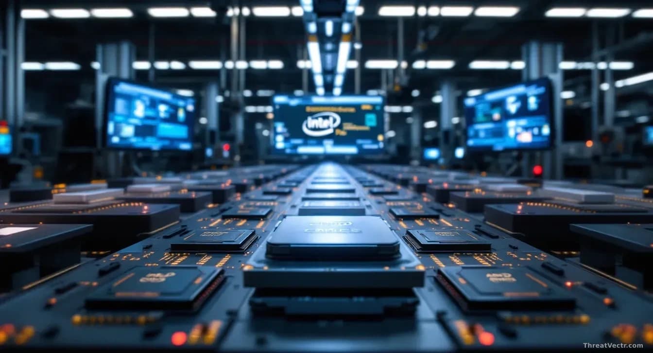 A computer chip manufacturing facility with Intel and AMD processor units visible under specialized lighting, tech specs and patch notes displayed on screens in