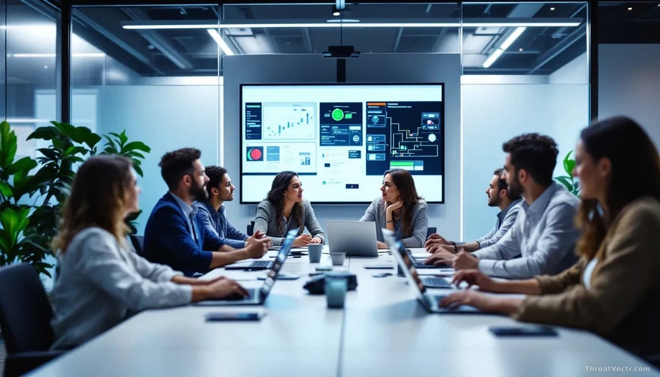 A security operations center with team members collaborating around a conference table, whiteboards behind them showing process diagrams, laptops open displayin