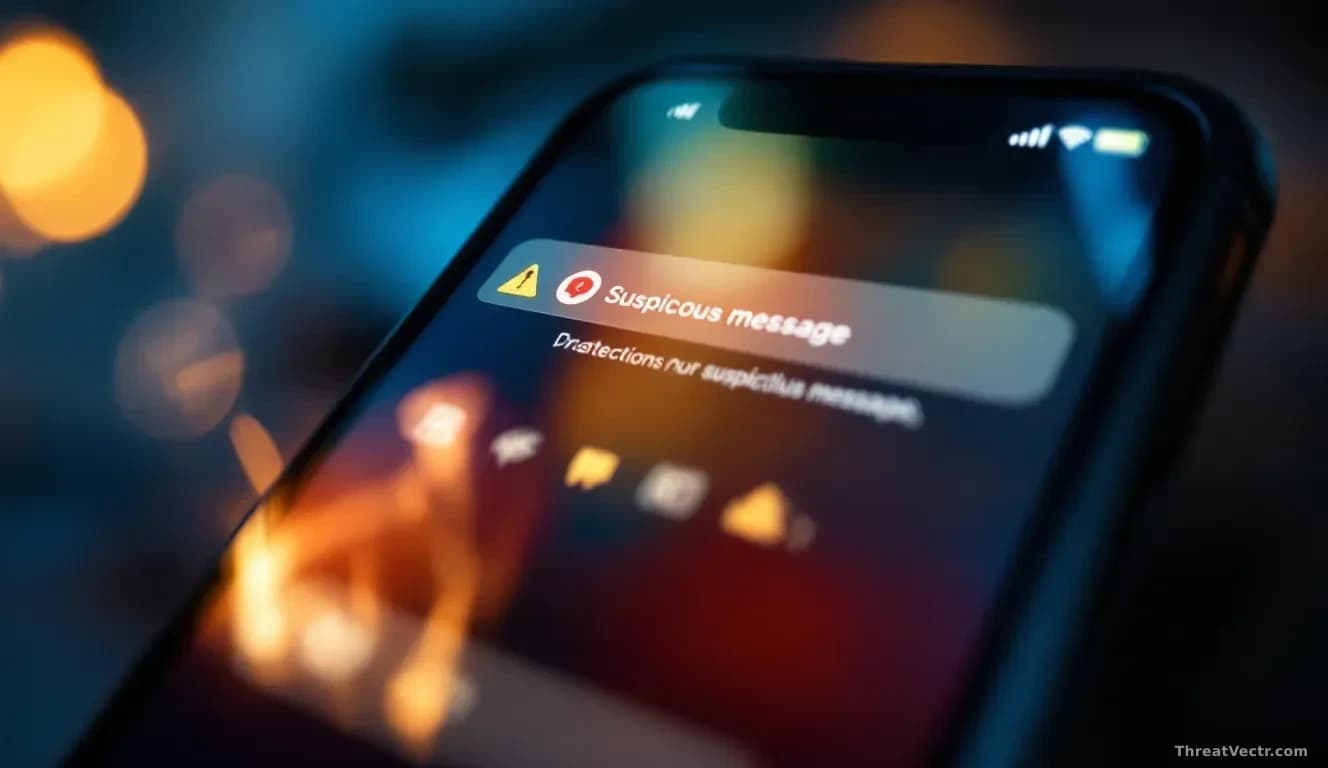 A smartphone screen showing a messaging interface with a subtle alert banner highlighting a suspicious message, ambient lighting reflects off the glass surface 