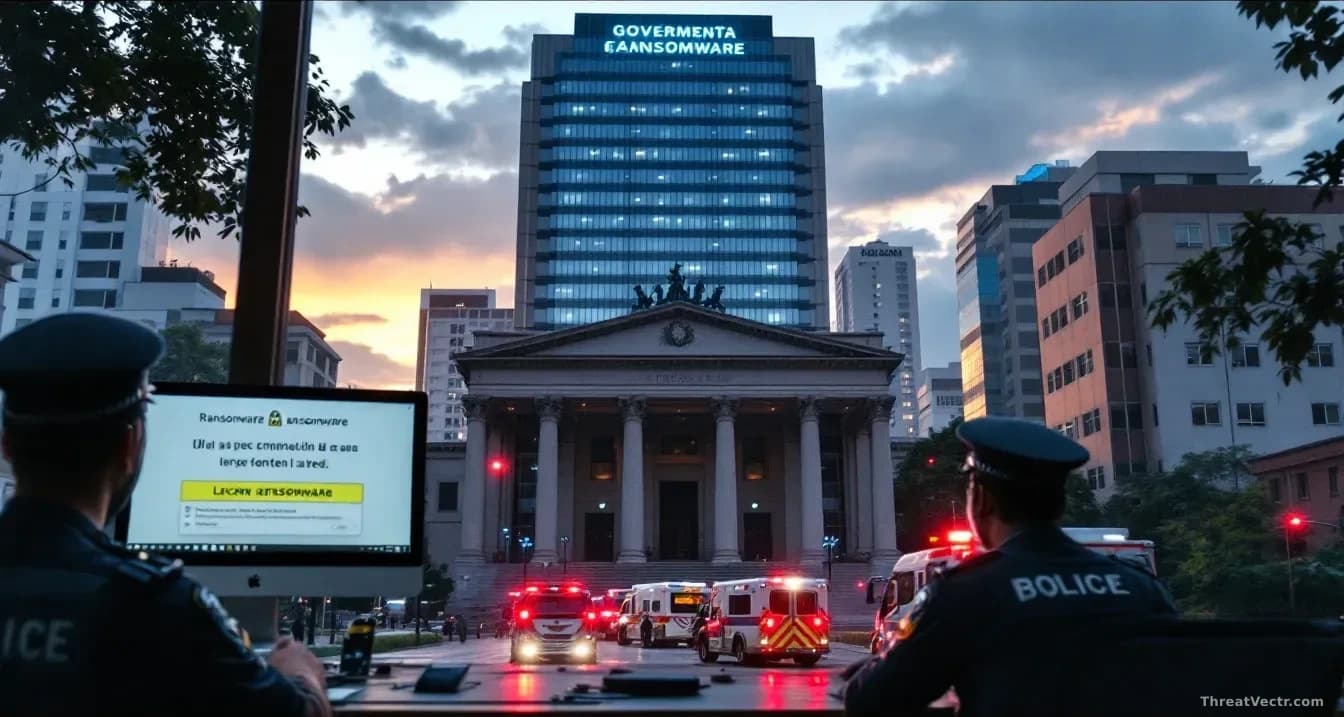 Government office buildings in Bogotá with police and emergency vehicles outside, while a computer screen inside shows encrypted files and ransomware lock messa