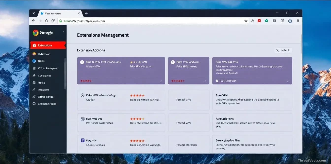 A web browser window showing the extension management page with numerous fake VPN add-ons installed, their permission requests and data collection warnings visi
